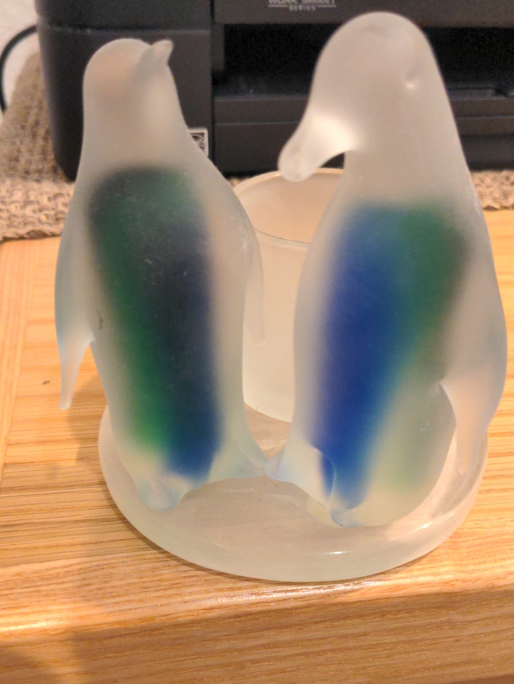 PartyLite Frosted Glass Penguin Pair with Blue and Green Accents